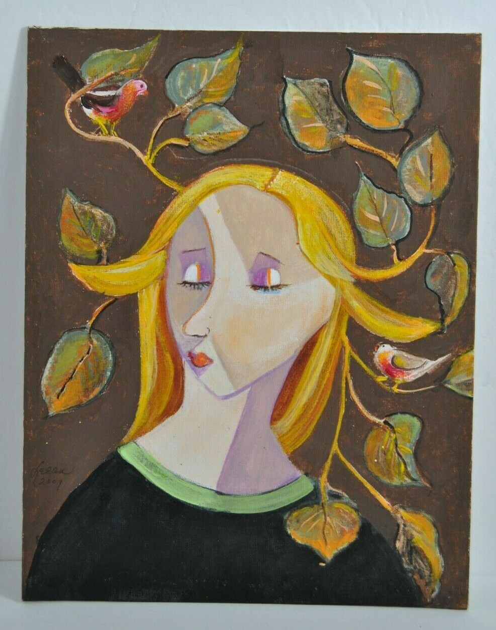 TWEETING THOUGHTS Picasso Cubism Acrylic by Artist Leean Swanson 13 x 17 in»