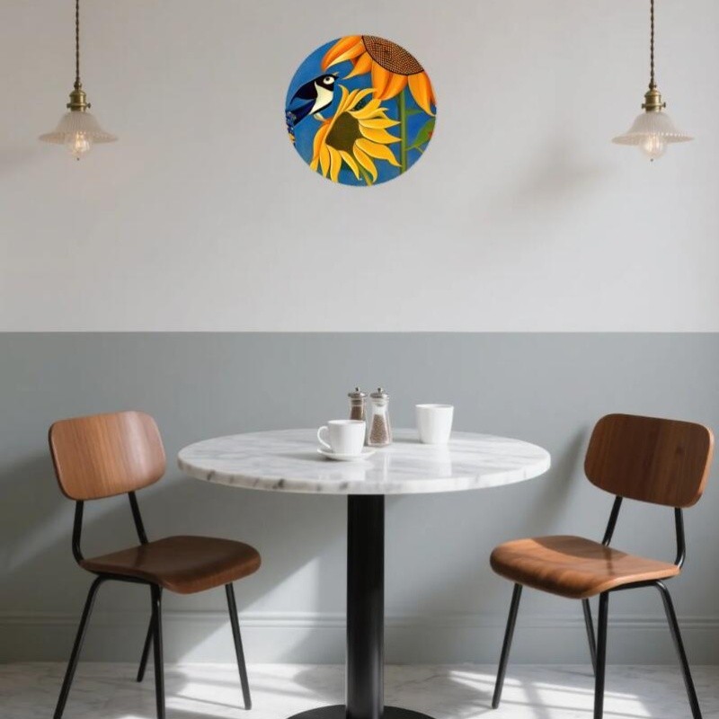 Retro salmon round aluminum painting, 7.8×7.8″, cafe decor