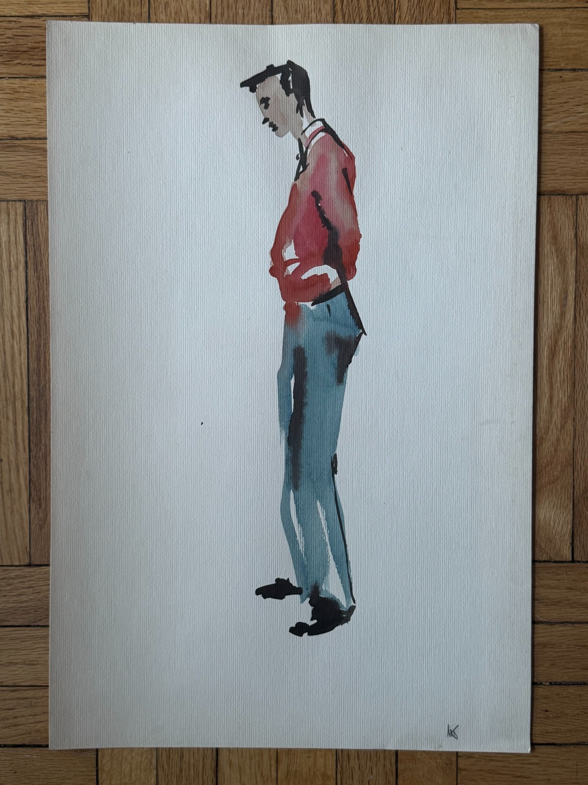 VTG 1950’s MCM Watercolor Painting Male Mens Fashion Gay Int 18 x 12