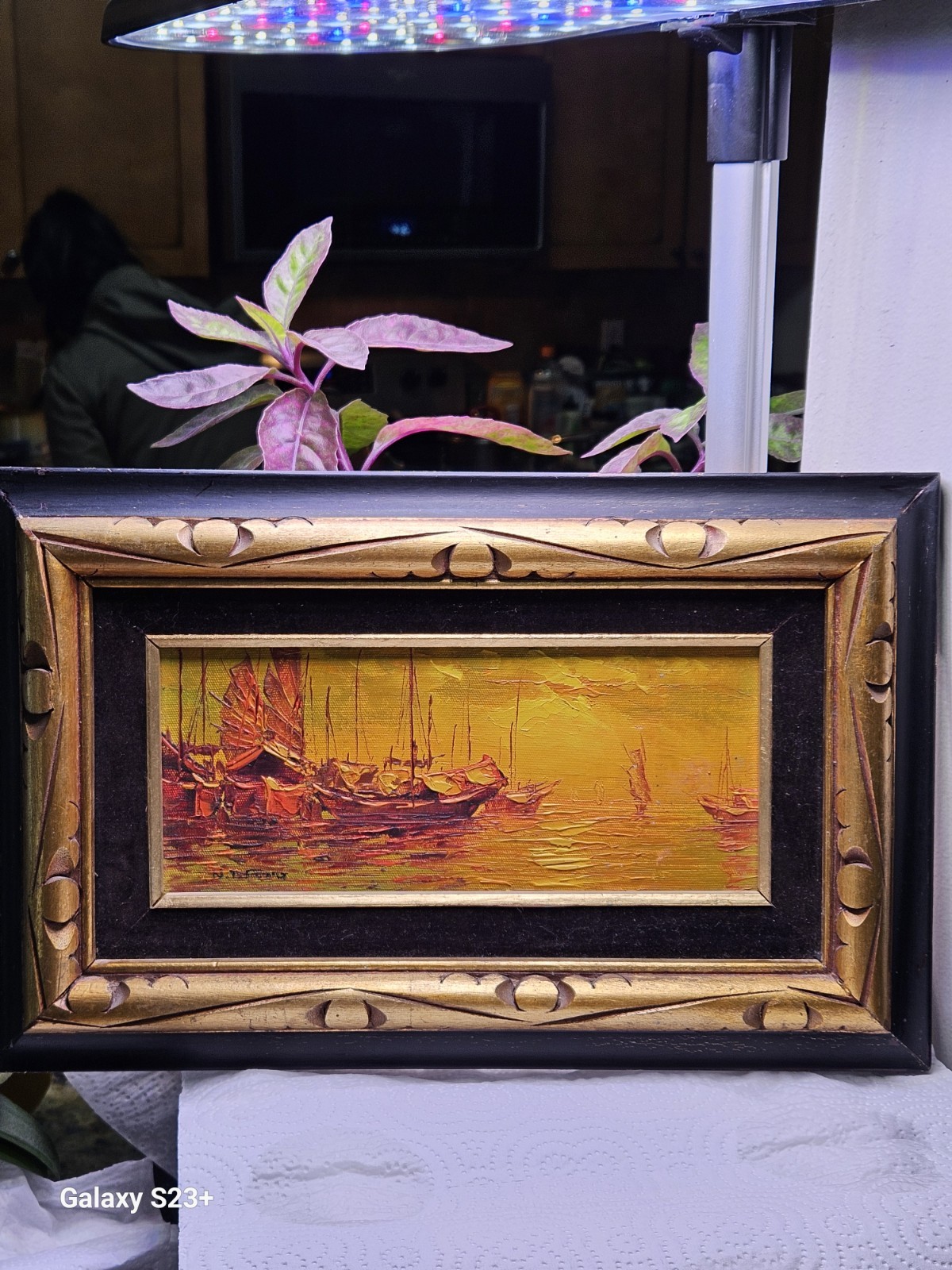Original Oil Painting «Asian Junk Ship Sailing» Early 20th»Oil On Board Framed