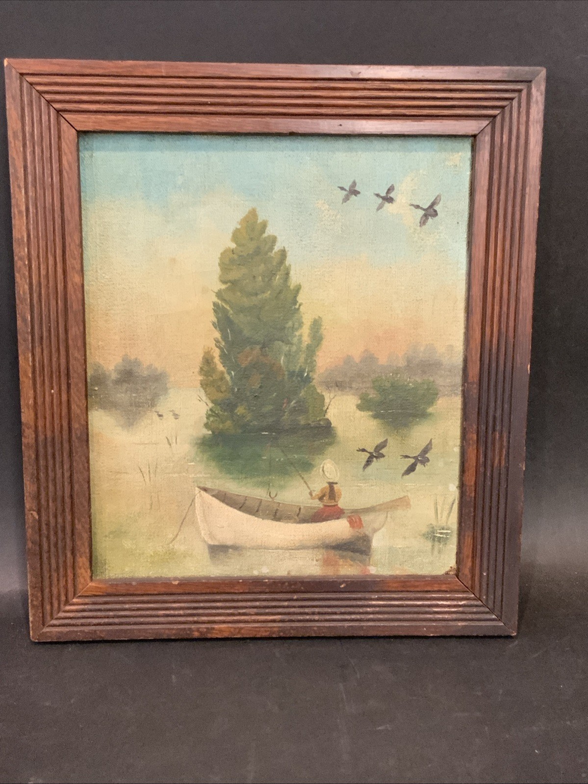 19th Century Folk Art Oil On Canvas woman fishing 1860-1870s