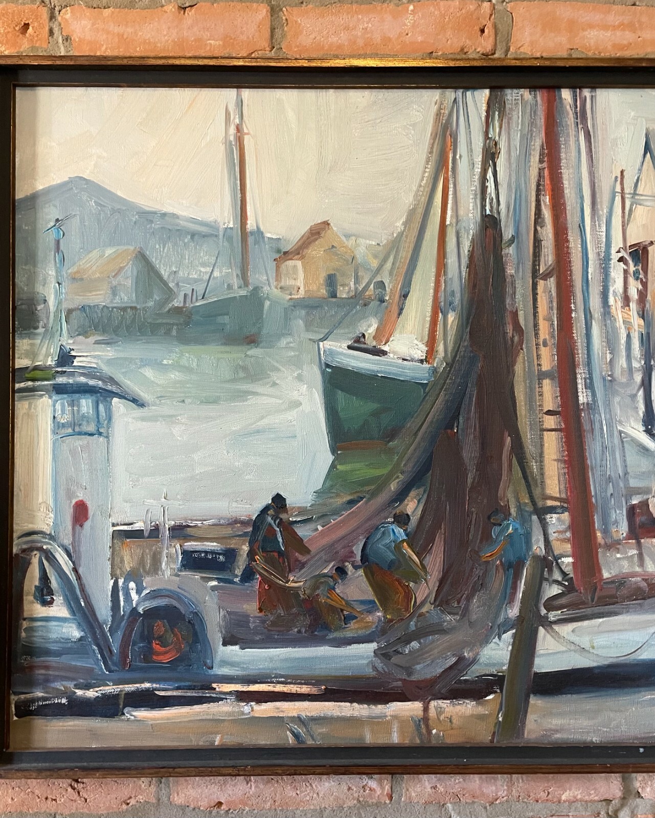 Regina Gates Signed Mid Century Modern Painting «At Work on the Nets» 32″ x 26″