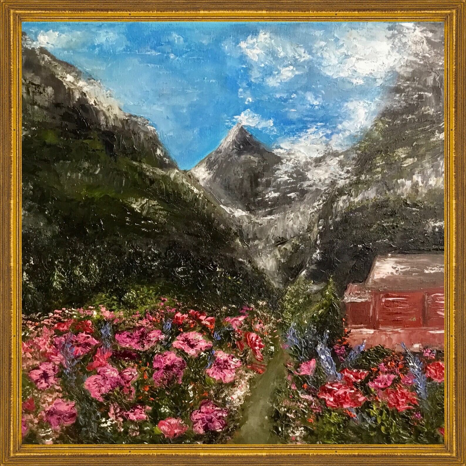 Swiss Alps landscape,original oil painting on canvas, swiss alps and flowers