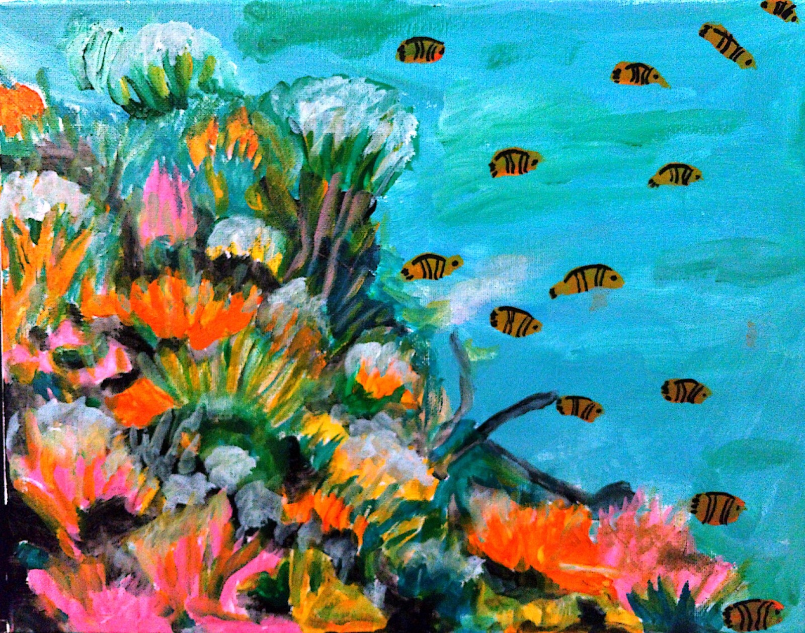Fish Coral Reefs Ocean Modern Signed Canvas Home Decor Acrylic Art 11×14 BACH