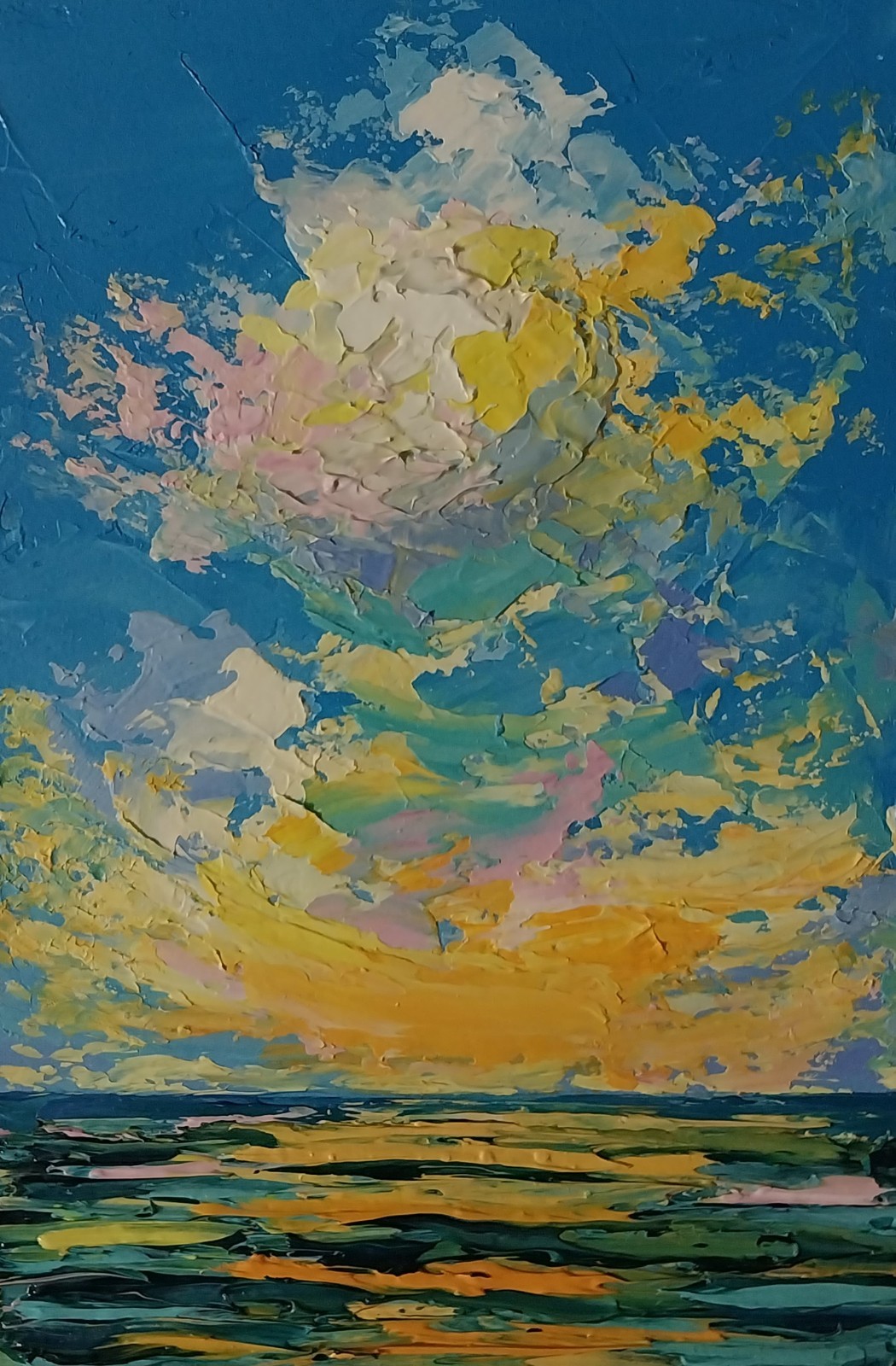 Framed Mini Seascape Golden Sunset Clouds Evening Sea 4×6” Original Oil Painting
