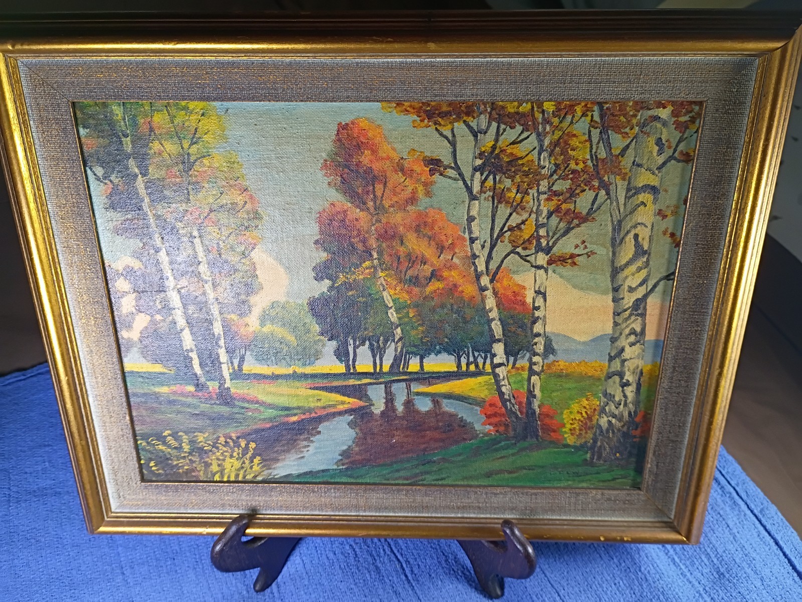 Framed Oil Painting On Board – Stream w/ Trees & Landscape 14.5”x11.5”