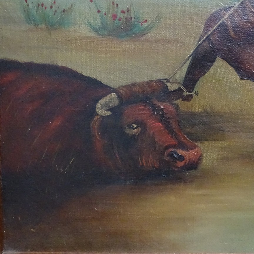 Antique Original Oil Painting on Canvas COWGIRL Roping A Bull Framed 17×16 in