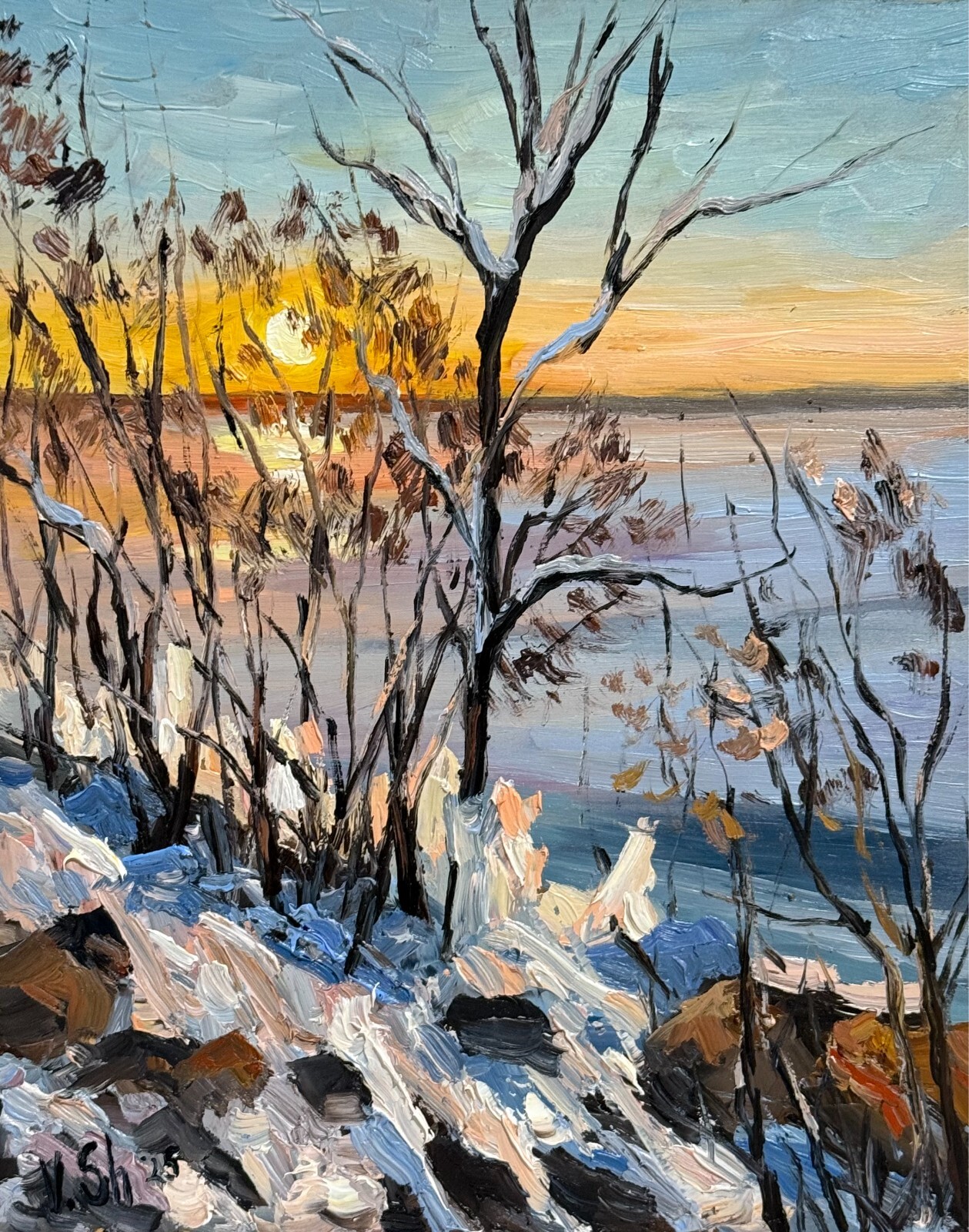 Original Oil Painting Winter Sunset Landscape River Impressionism Art Signed