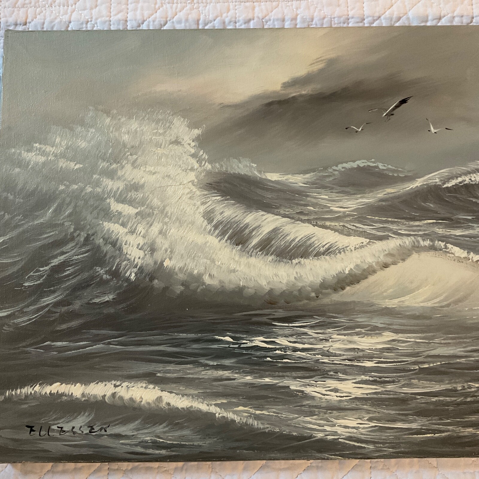 Vintage gray seascape ocean hand painted original PAINTING by Ellessen waves