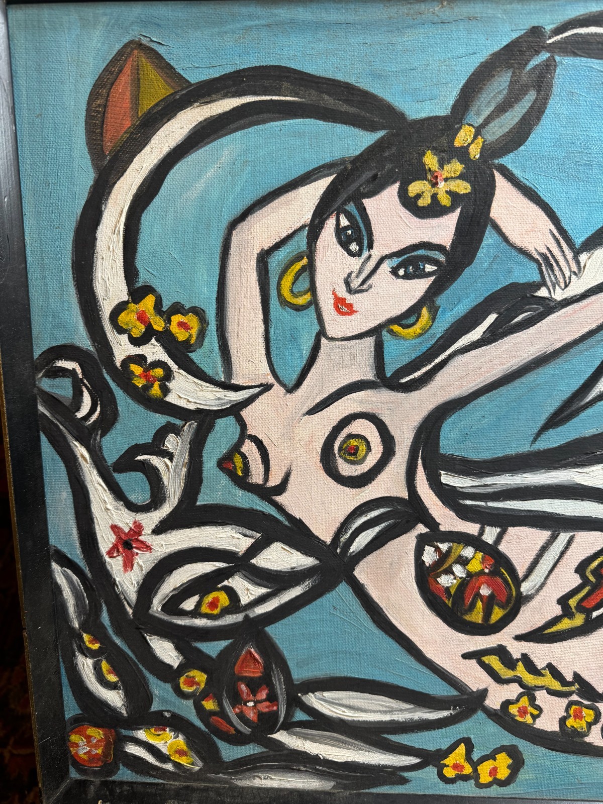Luba Schiff Framed Figural Mermaid Painting on Canvas Signed Folk Modern 24 x 18