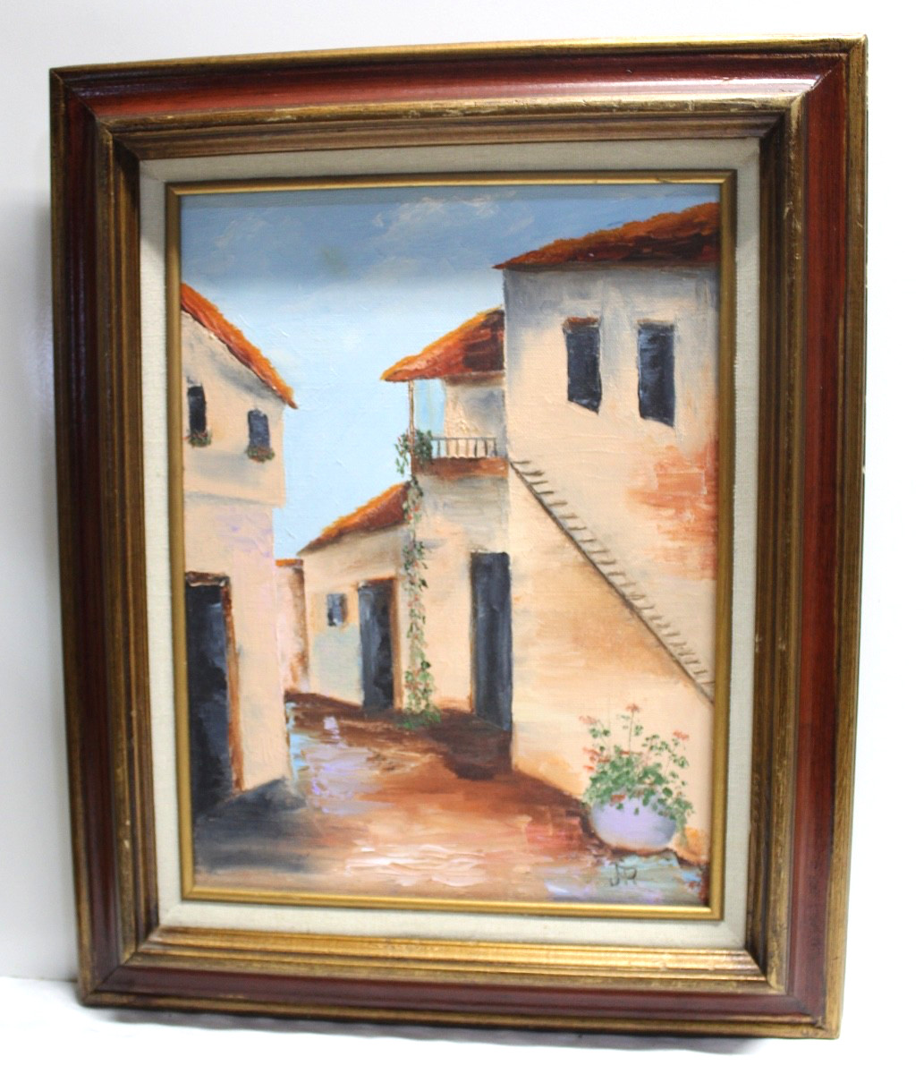 Org Framed Oil Painting Spanish or Mexican Street Scene on Canvas 13.5″x16.5″