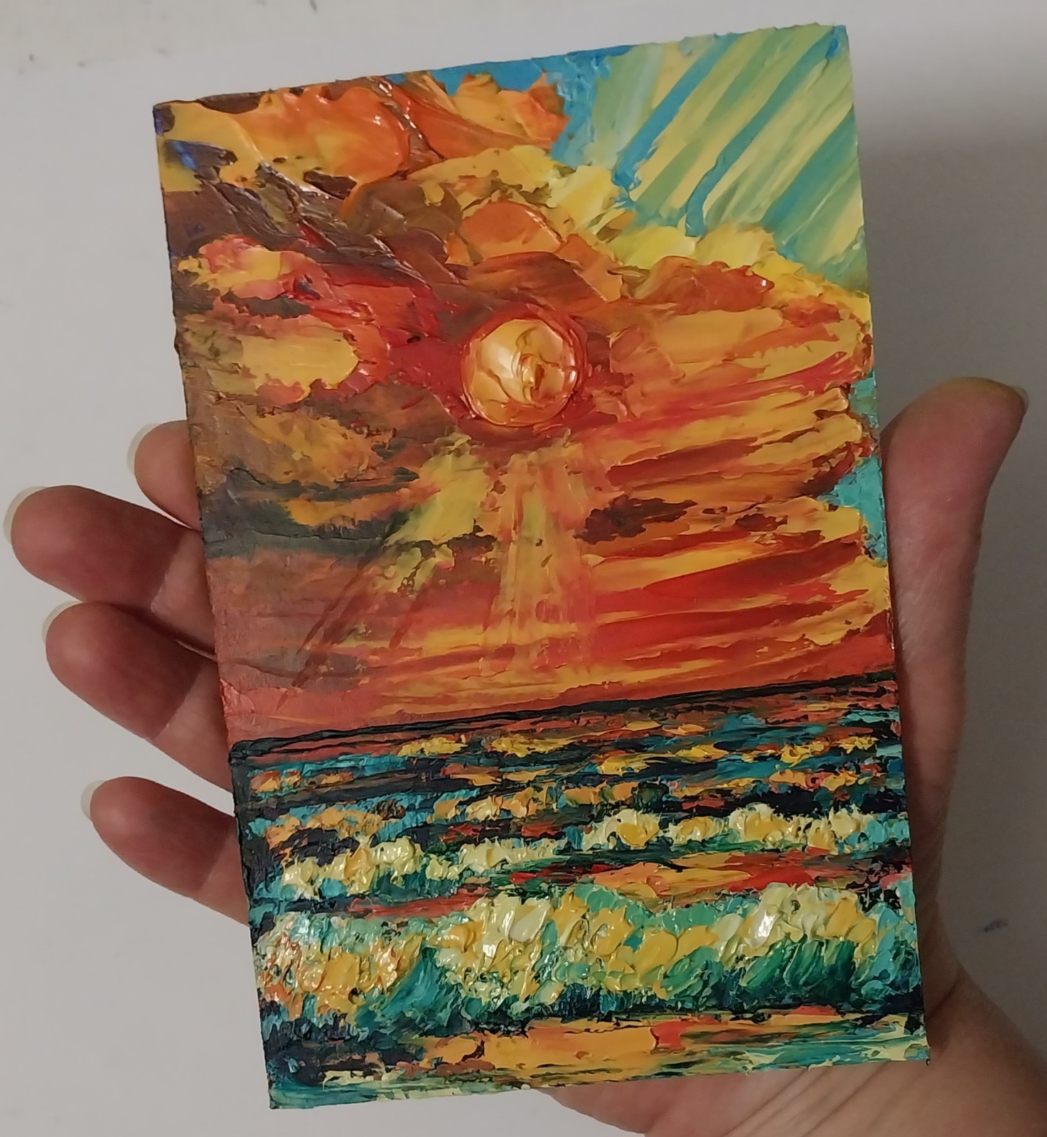 Framed Small Seascape Bright Sunset Sky Art 4×6” Impasto Original Oil Painting
