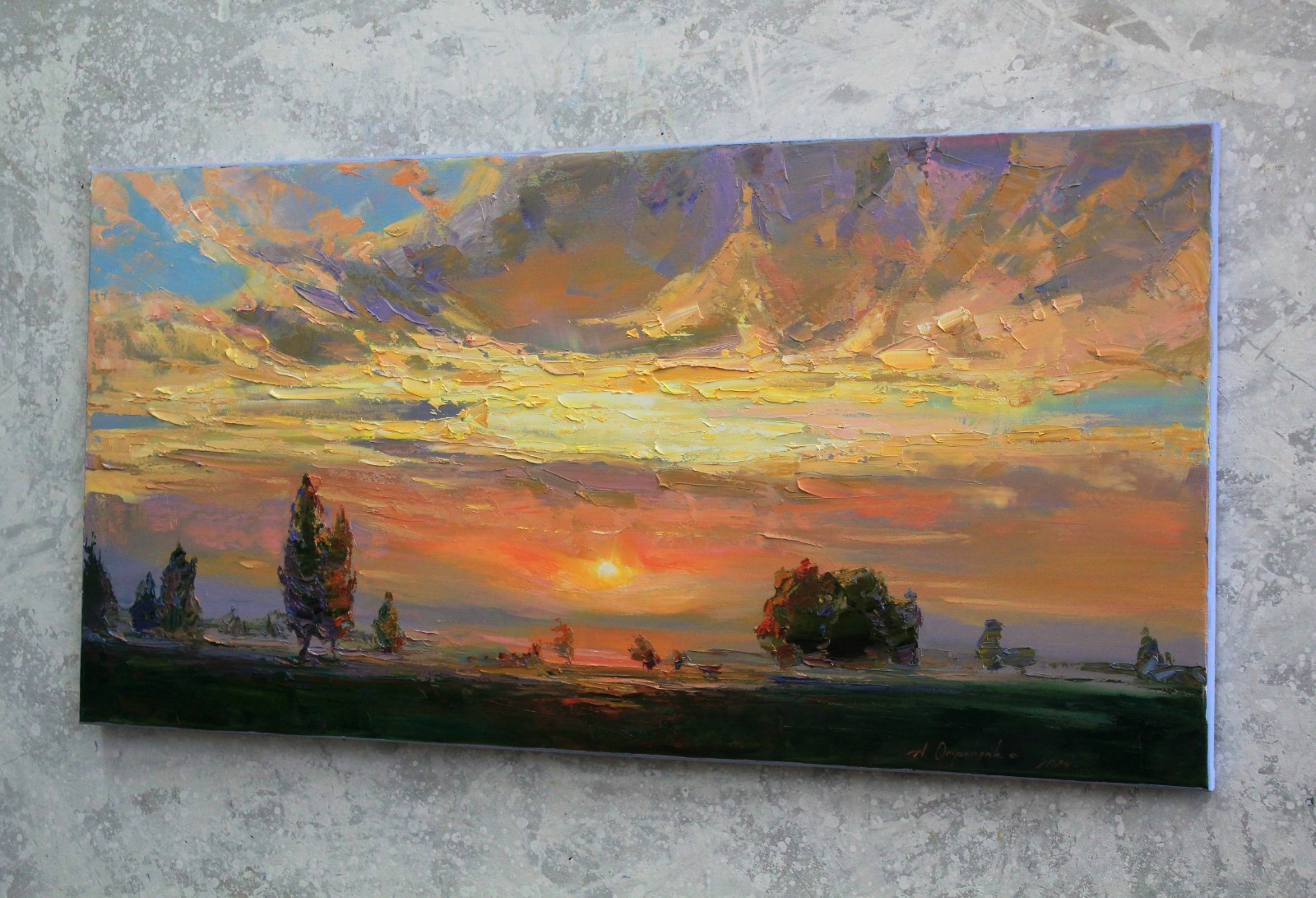 Sunset landscape IMPRESSIONISM original artwork Oil on canvas by A Onipchenko