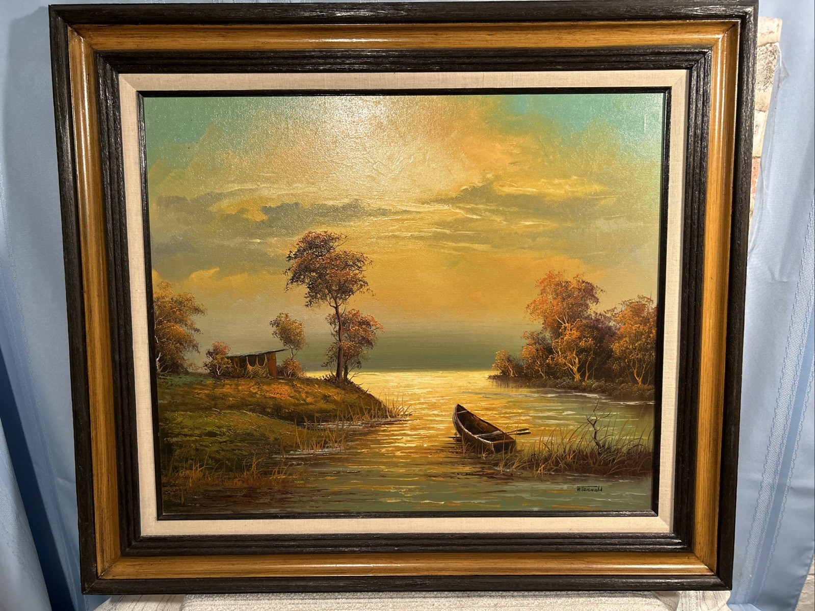 Vintage H. Tenwald Oil On Canvas Painting~Boat On Lake~Framed~31.5 X 27.5”