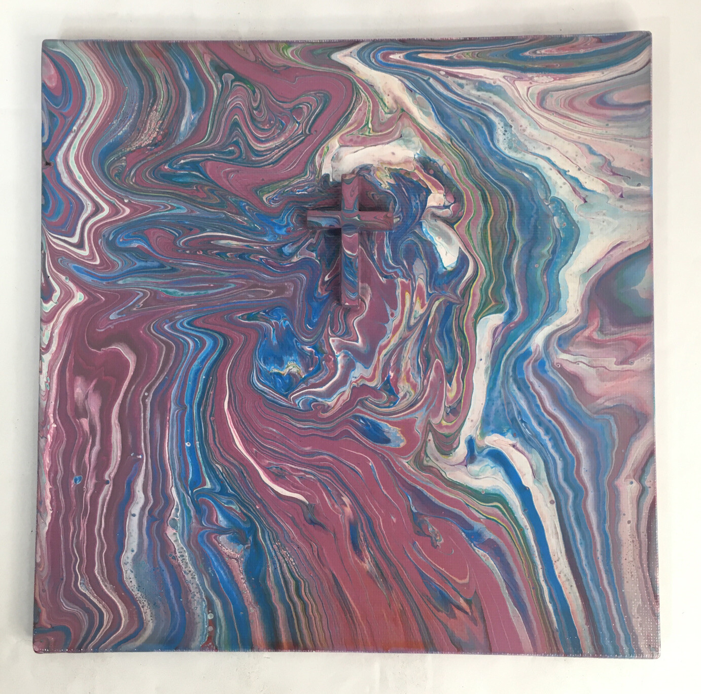 Red God-Burst Poured Paint Artwork 8” x 8” Hanger Original Art Wall Decor OOAK