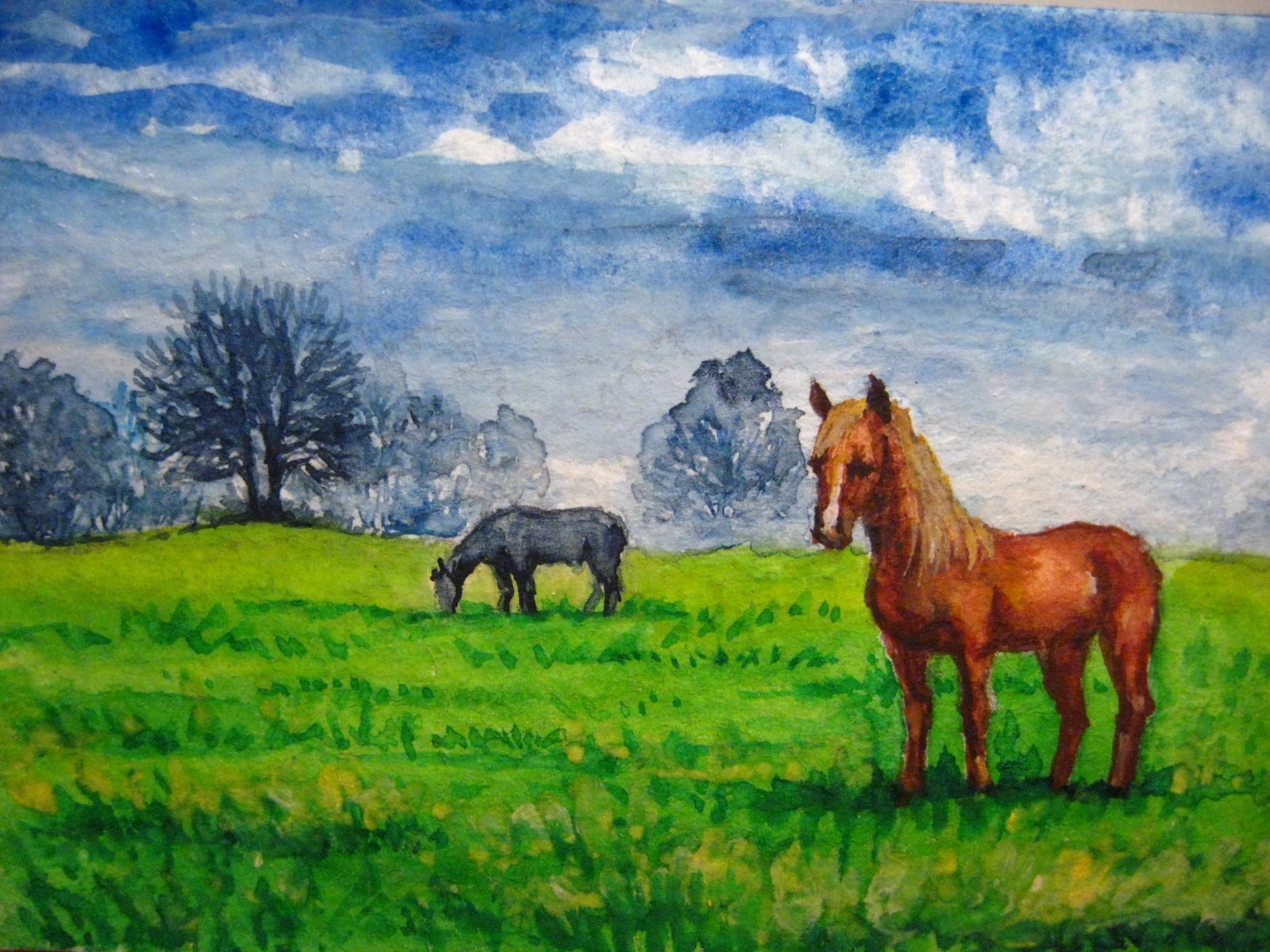 Watercolor Painting Horse Farm Animals Nature Country ACEO Art