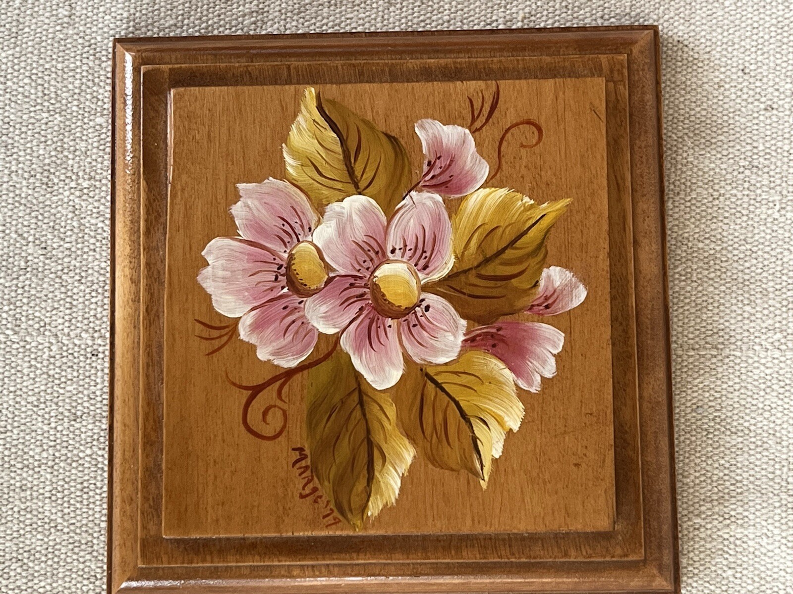 VTG Hand Painted and Signed Marge ’79 Trio of Wood Flowers Plaques Daisies, Rose