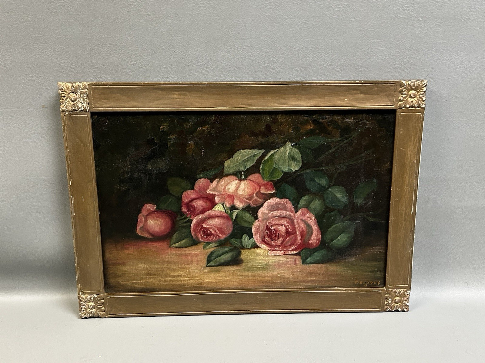 Antique Still Life Textured Roses Oil on Canvas Signed