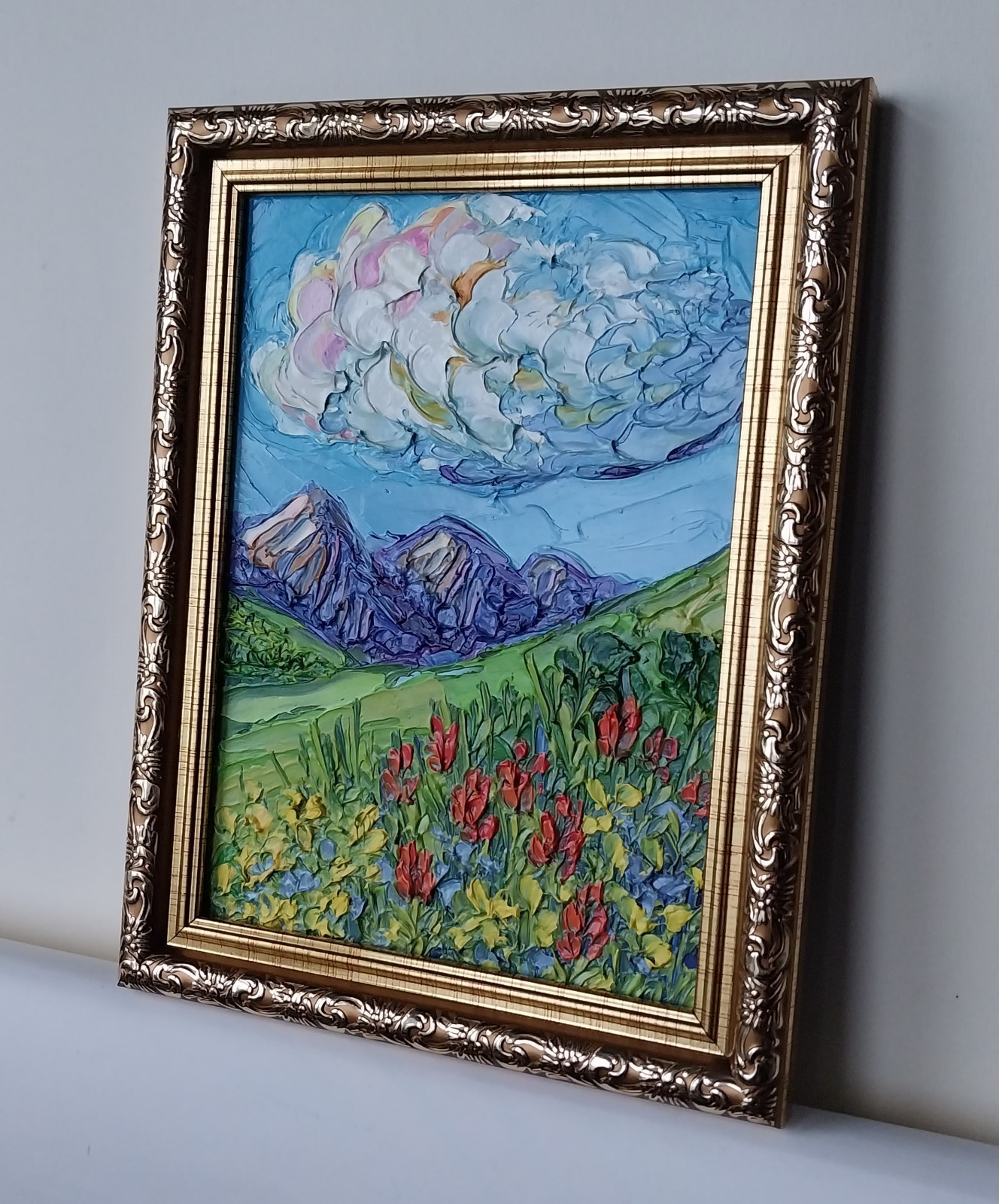 Framed Rocky Mountain Red Flowers Landscape 5×7” Impasto Oil Painting Original