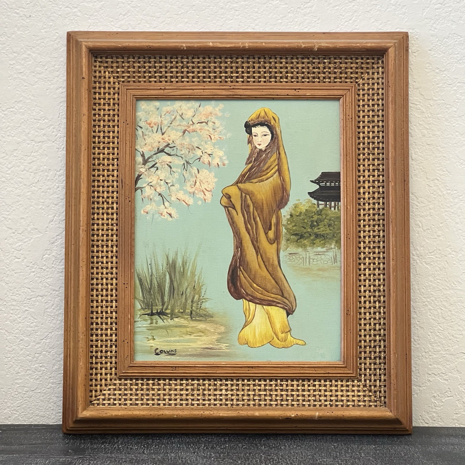 VTG Mau Ling Geisha Girl Oil Painting Wall Art by Artist Evelyn Irene Collins