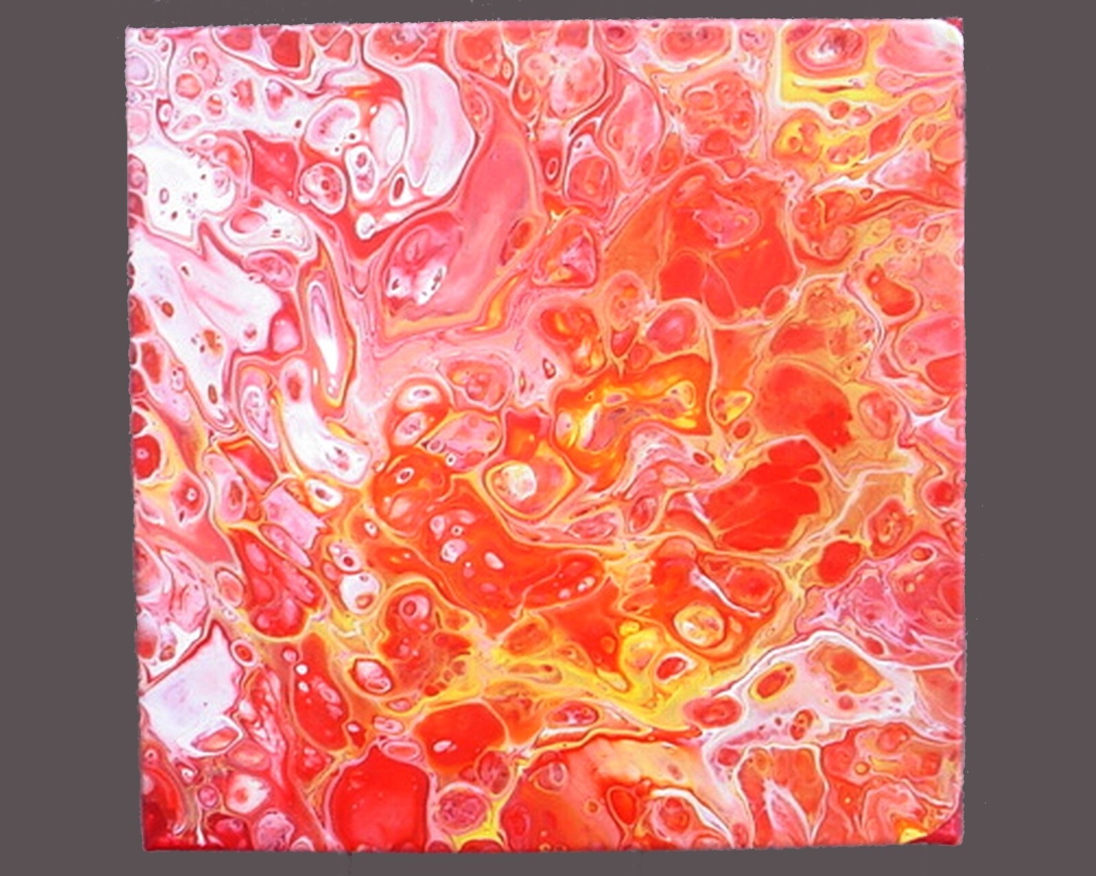 SQUARE ACRYLIC PAINTING 14 x 14 FIREDANCE RED ORANGE YELLOW GOLD FLUID ART POUR