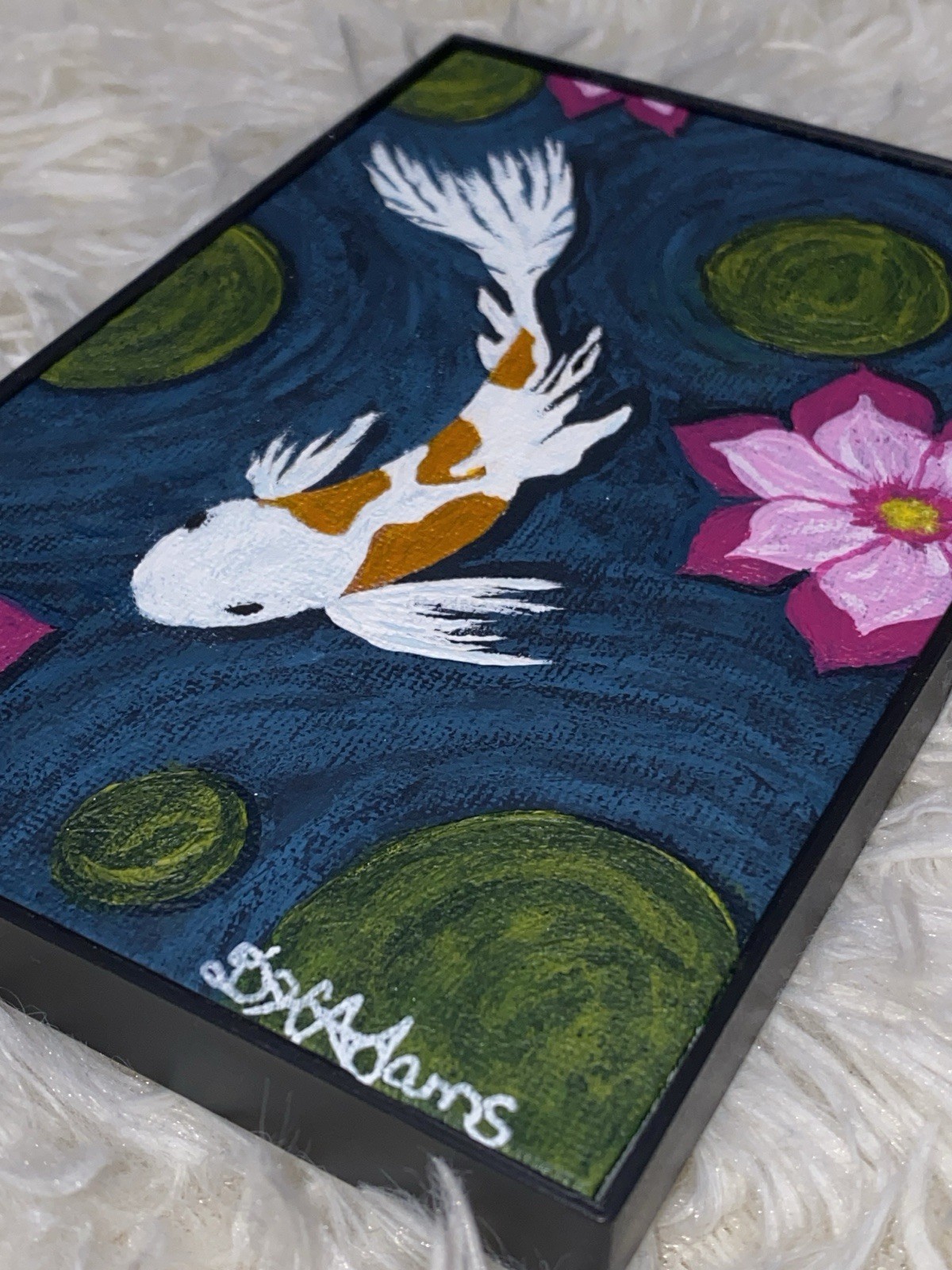 Framed Original Koi Fish Miniature Acrylic Painting – 4×6 Small Zen Pond Art