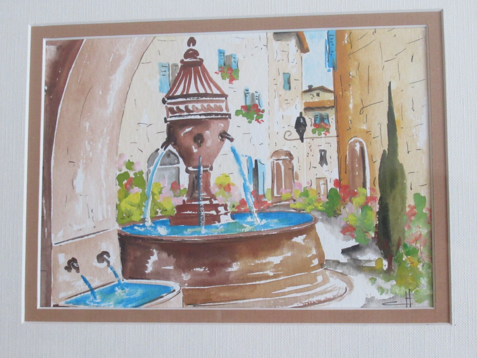 Original Matching Pair Watercolors City Port & Fountain Signed, Matted & Framed