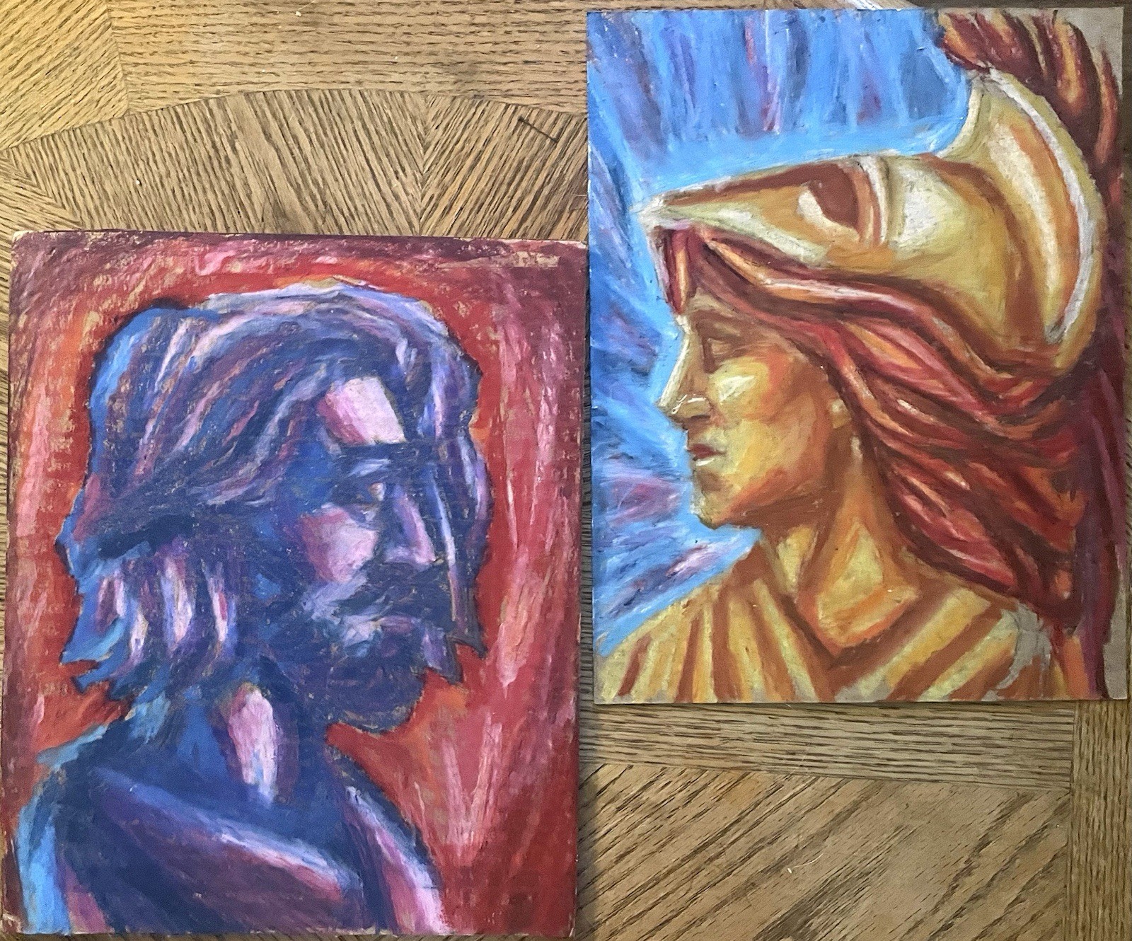 Set of 2 One of a Kind Oil Pastel Portraits of Odysseus And Pallas Athena