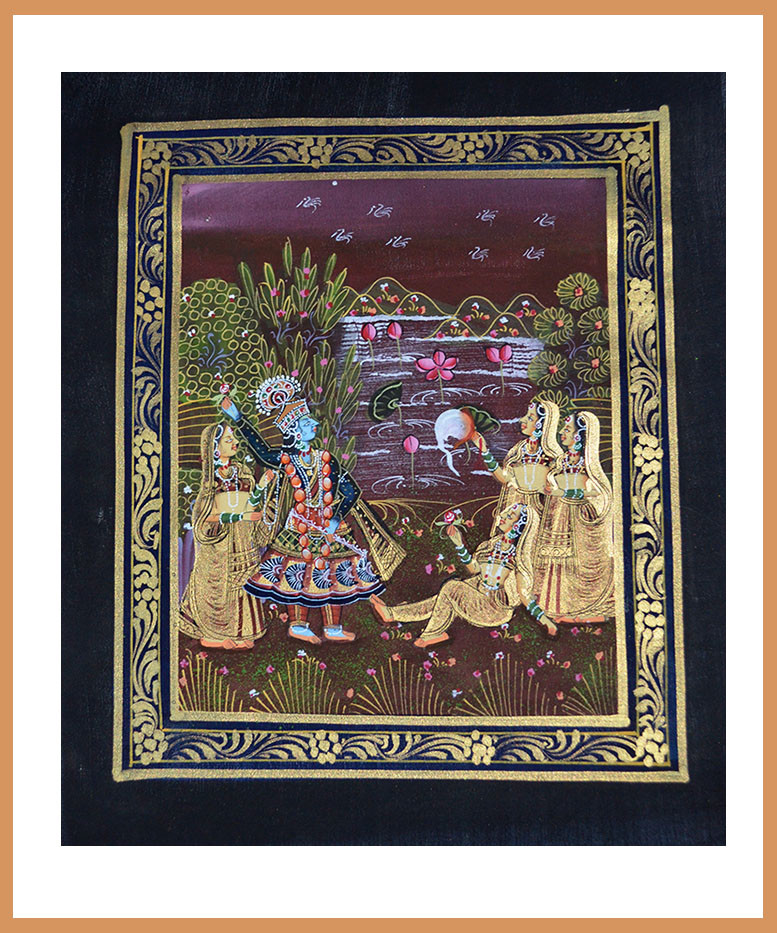 Radha Krishna Miniature painting on silk cloth with Natural Colors from India!