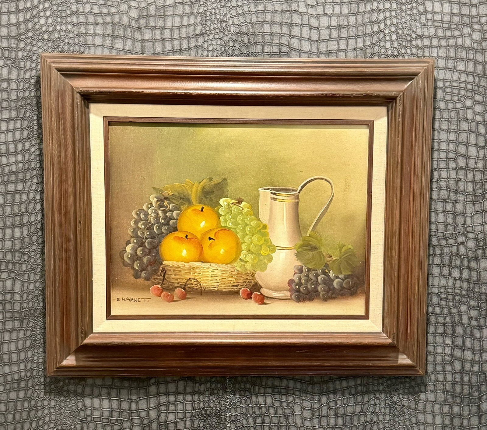 Vtg Still life Fruit Oil painting Framed Signed E. Harnett Cottagecore