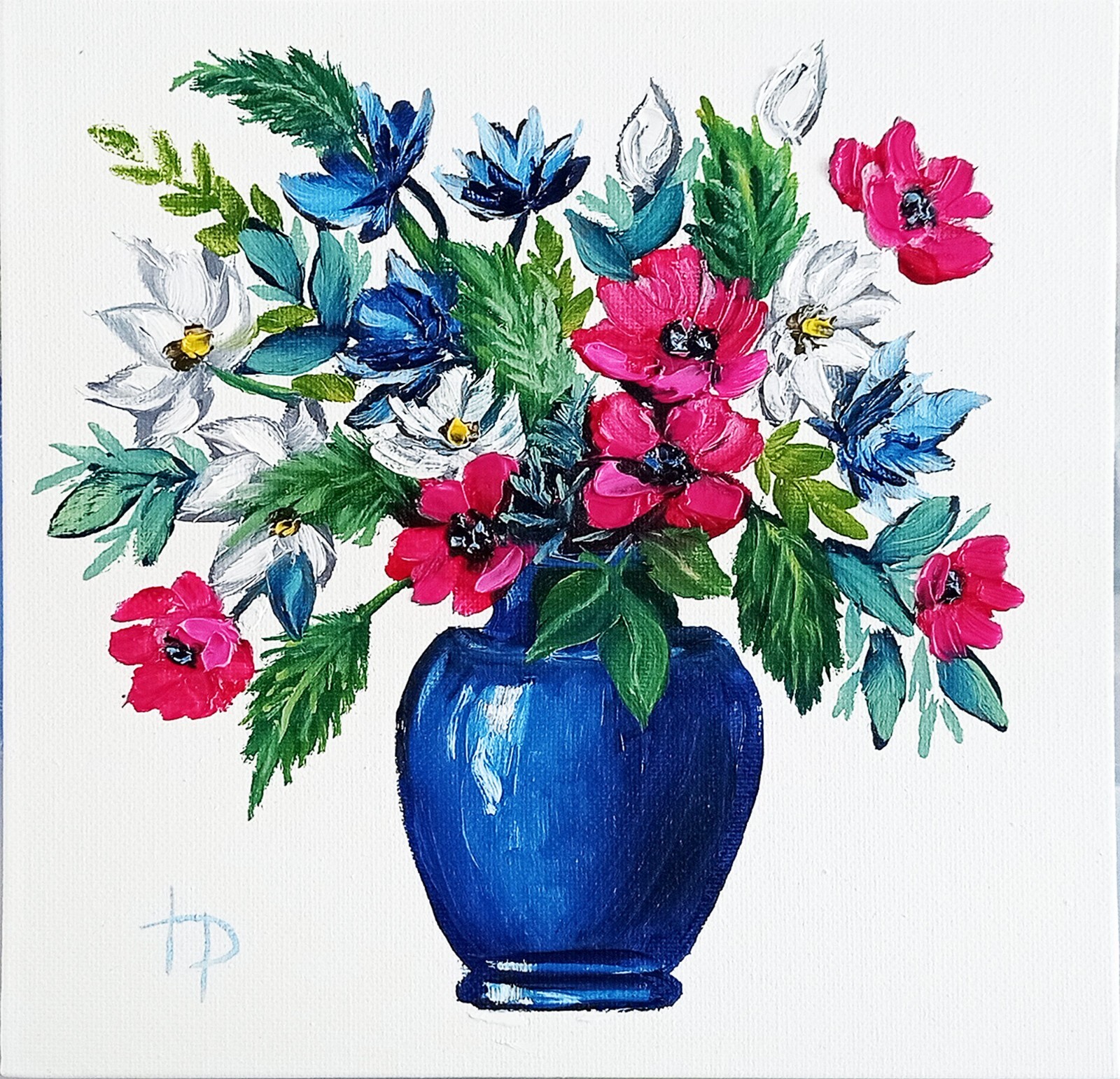 Floral Bouquet Painting Original Oil Artwork Hand Made 8×8 inc. Pink Flowers