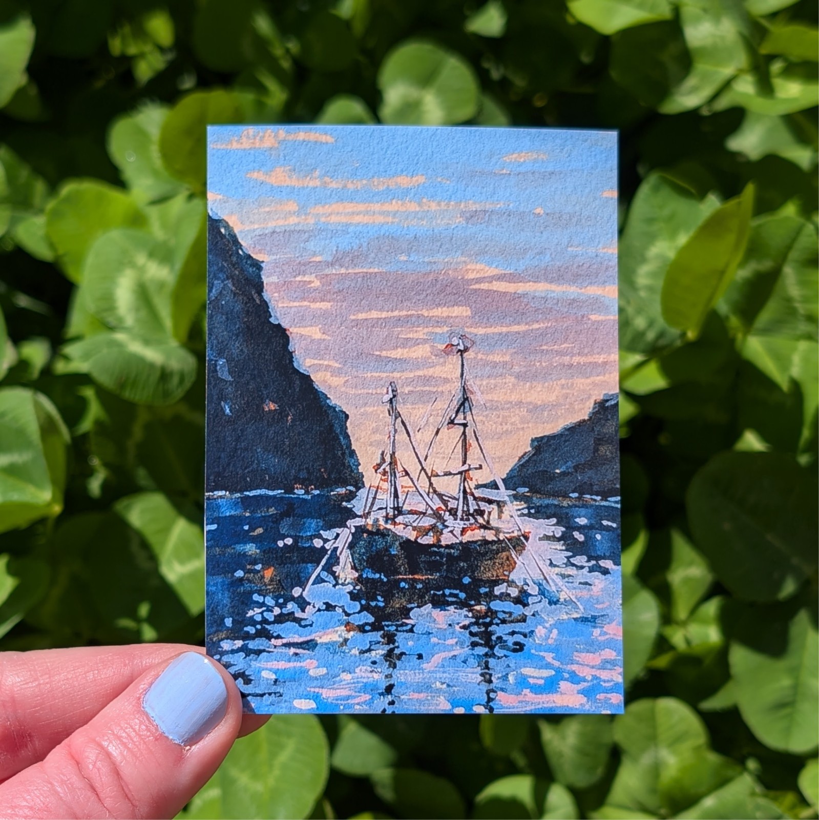 ACEO Print, Pirate Ship Nautical Dawn Fantasy Sunrise Seascape, 2.5″ x 3.5″