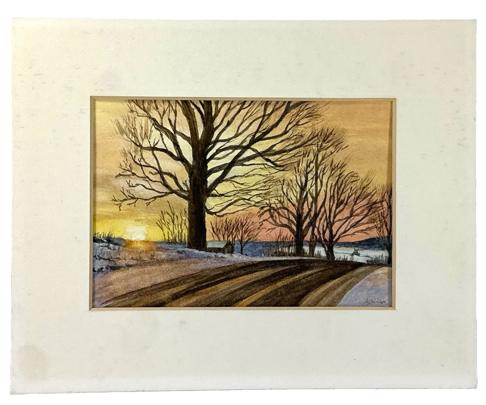 Winter Landscape Watercolor Painting Illegible Signature Matted 10×8 Sunset
