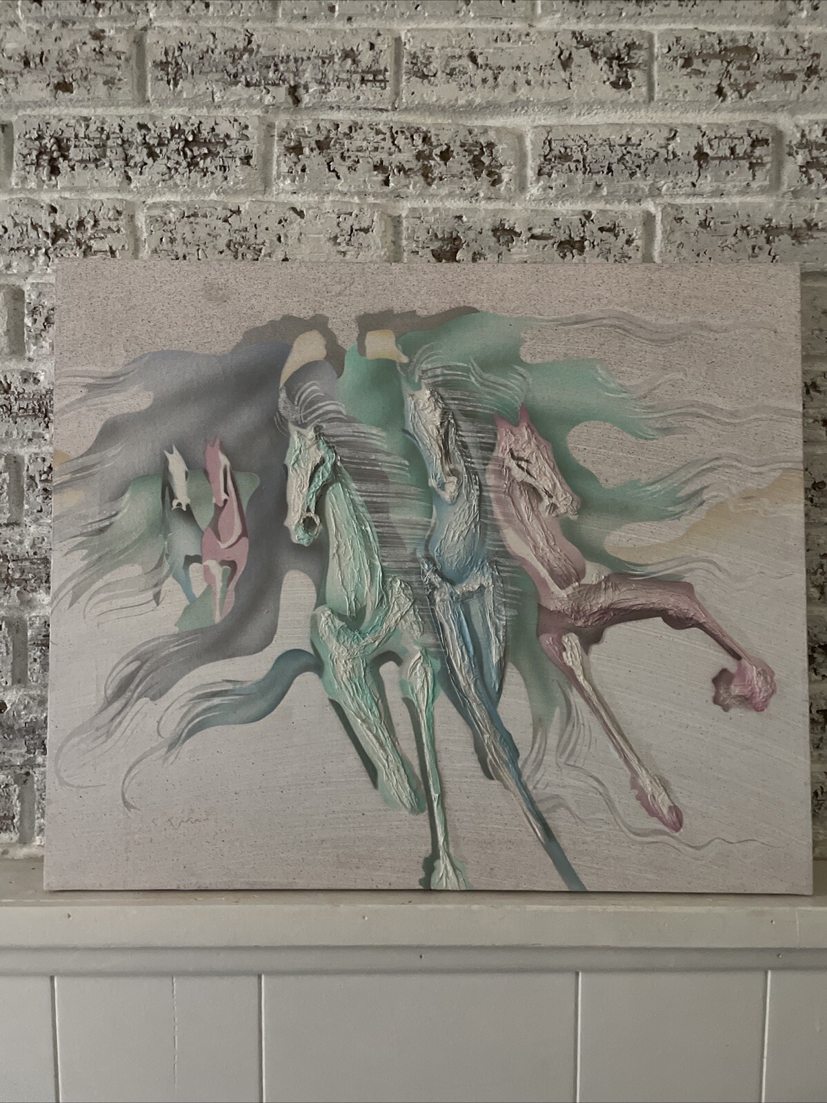 Vintage Mixed Media Oil and Paper on Canvas – Wild Horses, Signed – 24”L x 20”H