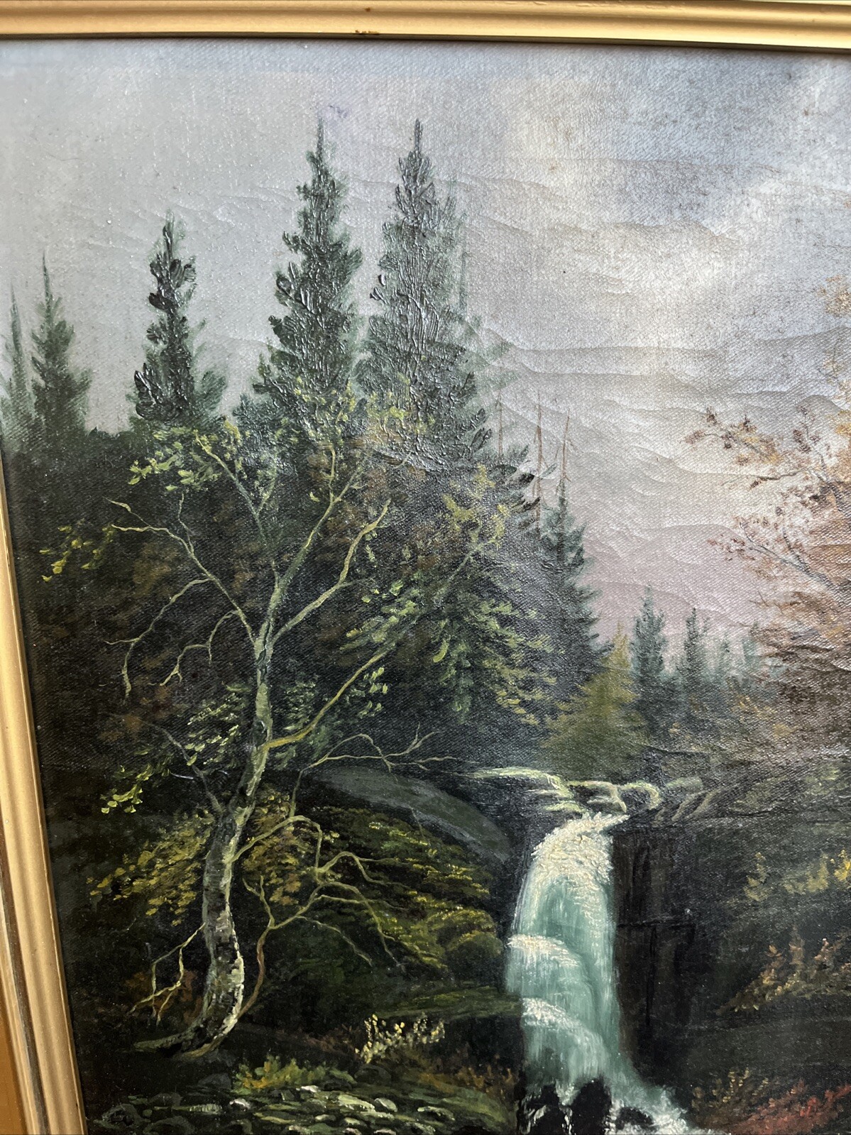 19th Century Beautiful Landscape Waterfall Oil Painting On Canvas Unsigned