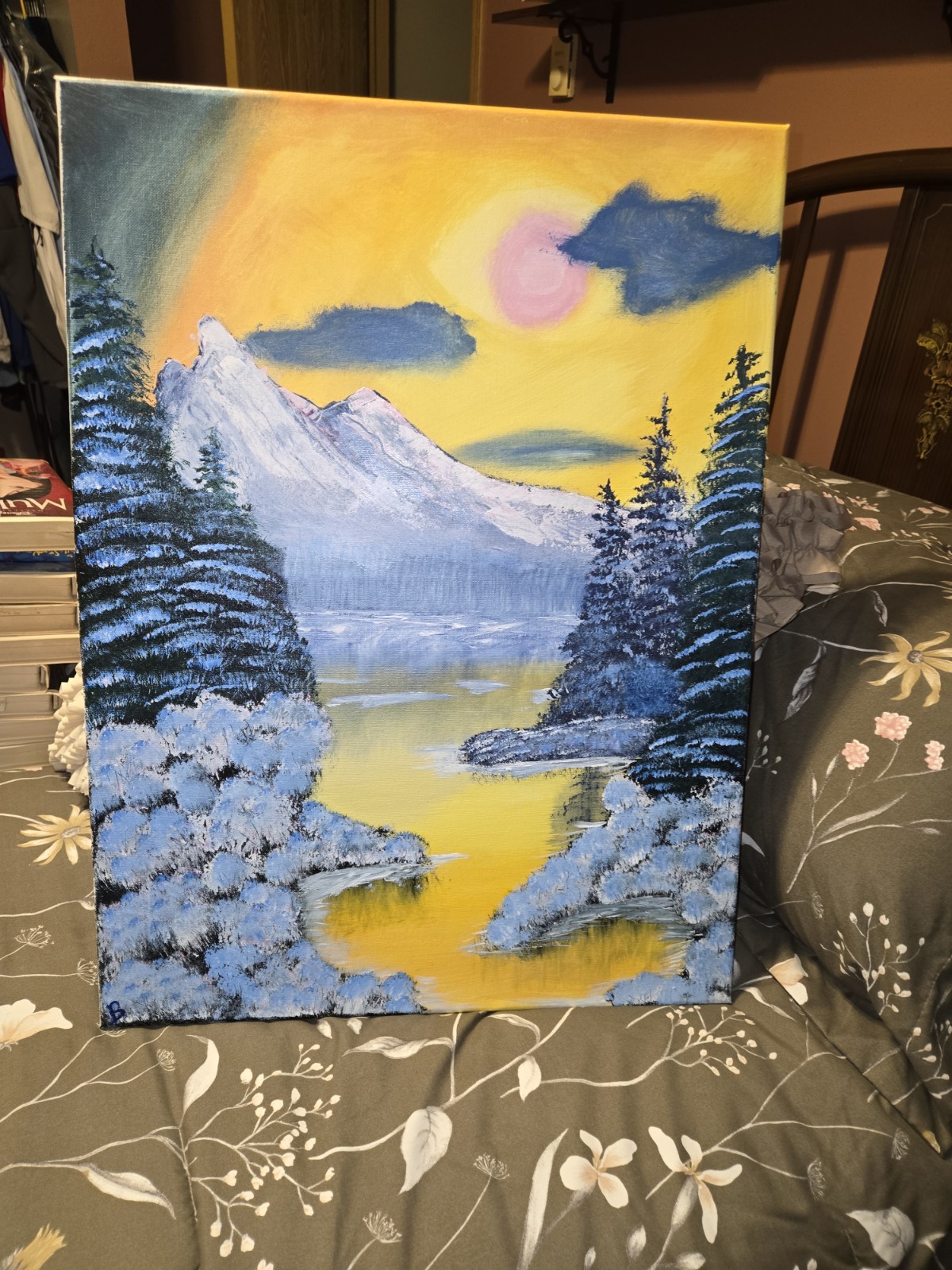 Acrylic Landscape Painting on Canvas – Mountain Sunset, Lake, Trees, Nature Art