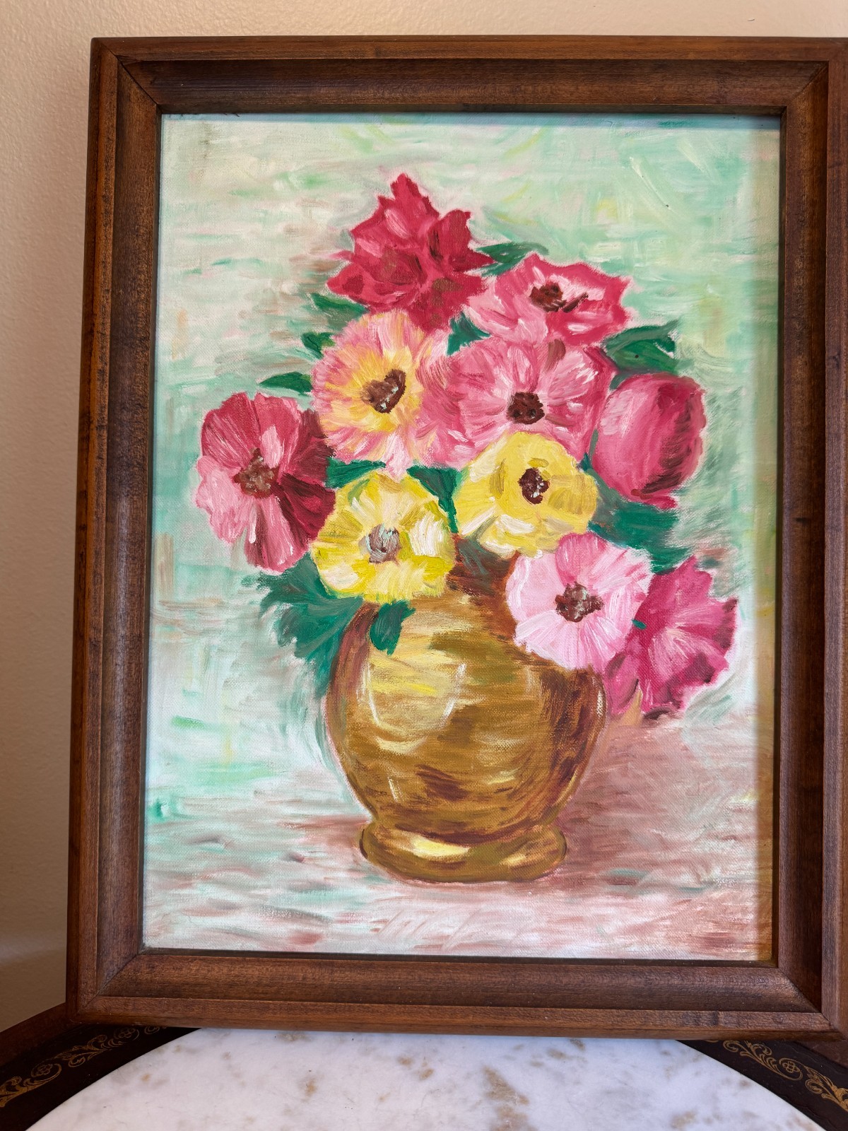 Original Oil/Acrylic Painting Pink Floral in Gold Vase 17.5 X 13.5″