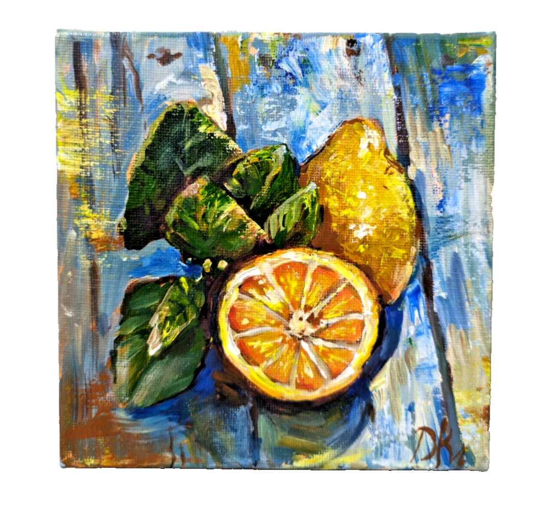 Original Painting «Lemon» Still Life Kitchen Food Collectible Art 5×5 Inch