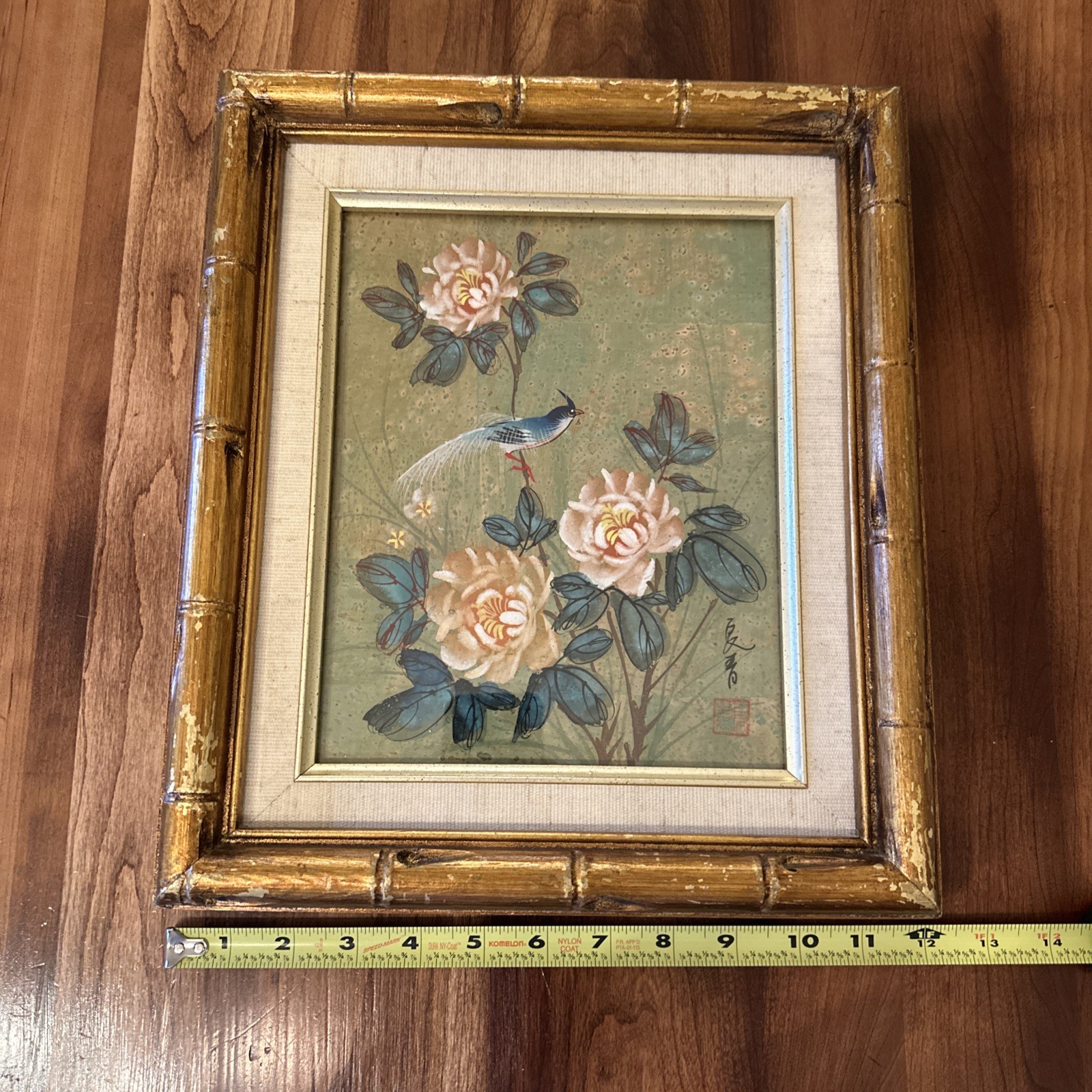 Watercolor Painting Asian Cork Paper Bird Flower Gold Bamboo Frame Signed 12×14