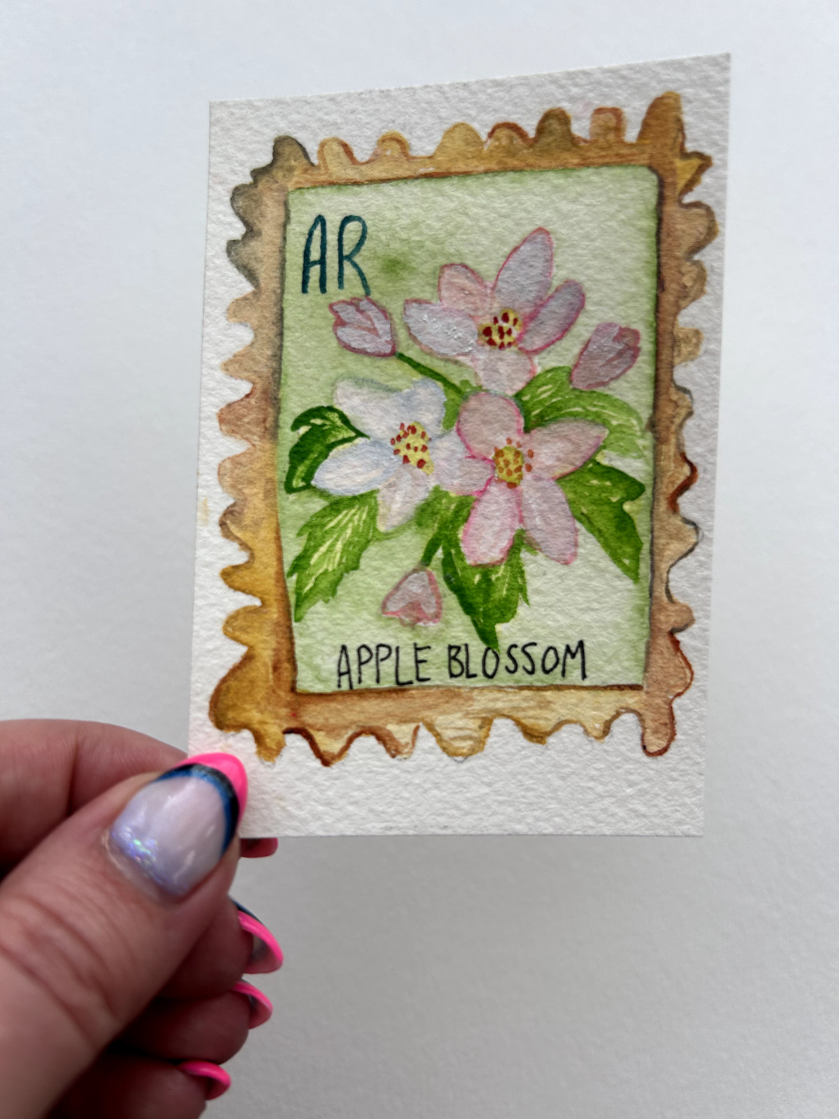 ACEO Original – Sawyer Crane Watercolor Postage Stamp Arkansas Apple Blossom AR