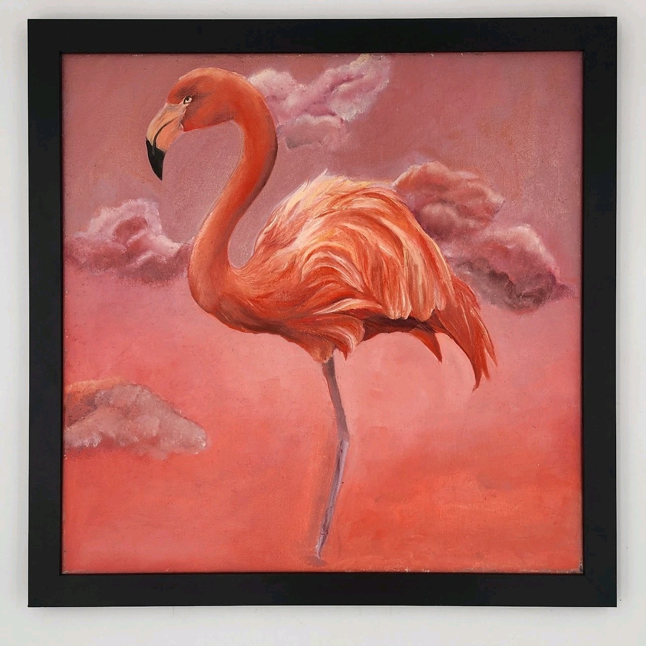 Original Pink Flamingo Oil Painting Bird Canvas Art Wildlife Sunset Framed 20×20