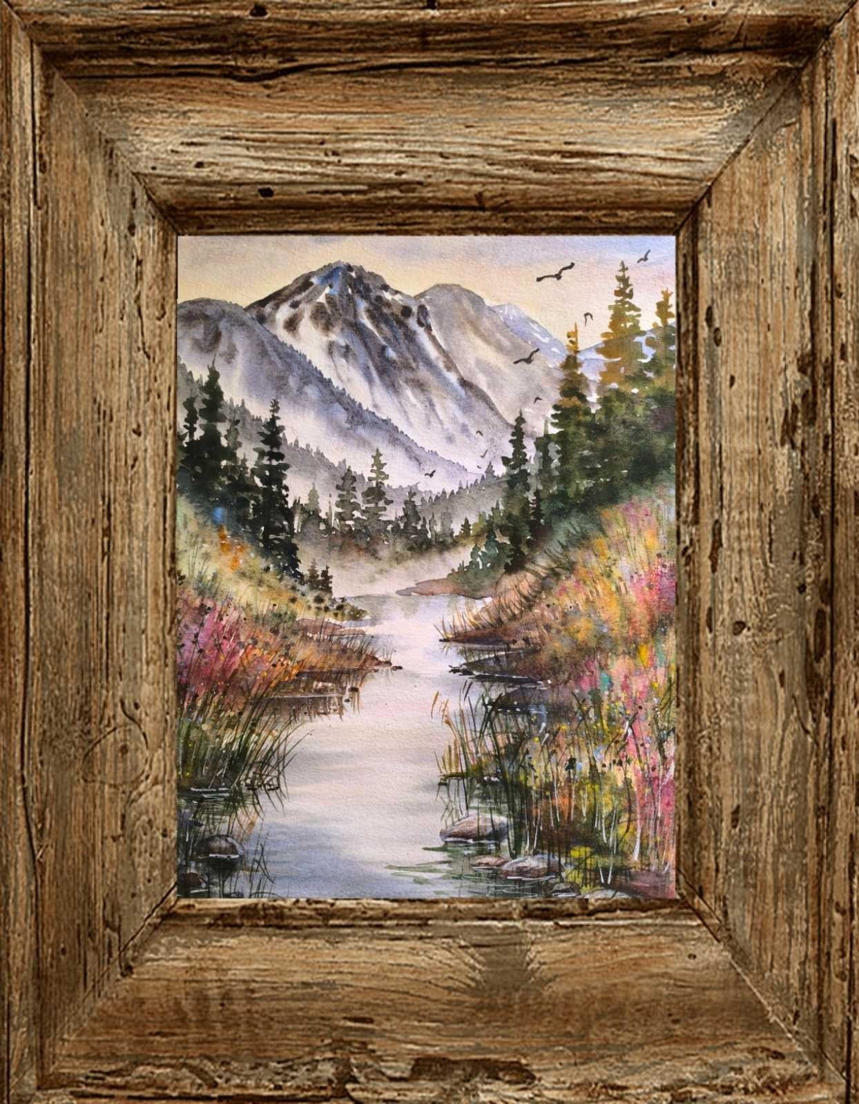FOGGY FOREST MOUNTAINS Original Art Painting BIRD FLYING RIVER Bob Ross Style A4