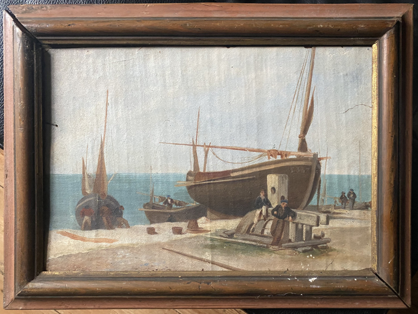 ::OIL PAINTING HARBOUR SHIPYARD FISHING BOATS DOCK WORKERS 19TH CENTURY SEA COAST FRAME OIL