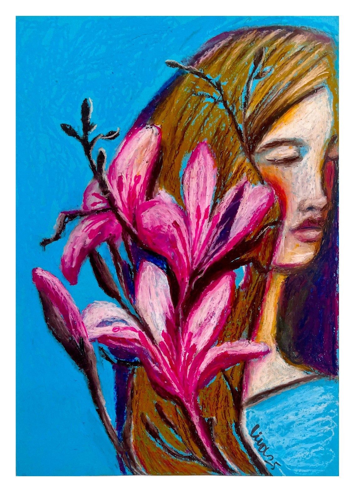 Original Oil Pastel Painting – Woman with Pink Magnolia Flowers