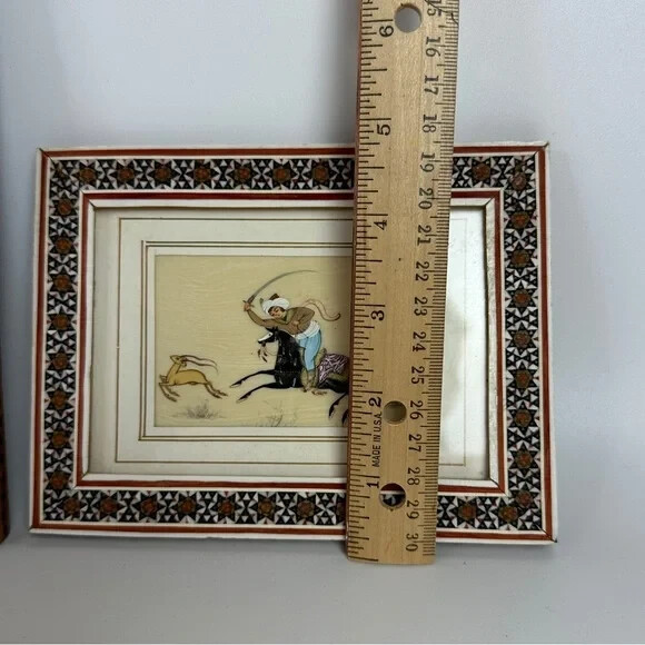 VTG Persian Camel Bone Art Mosaic Framed Art Set of 2 Beautiful