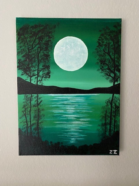 Green Acrylic Painting Moon River Trees 12x 9 Ltd. Series Admiration of the Moon