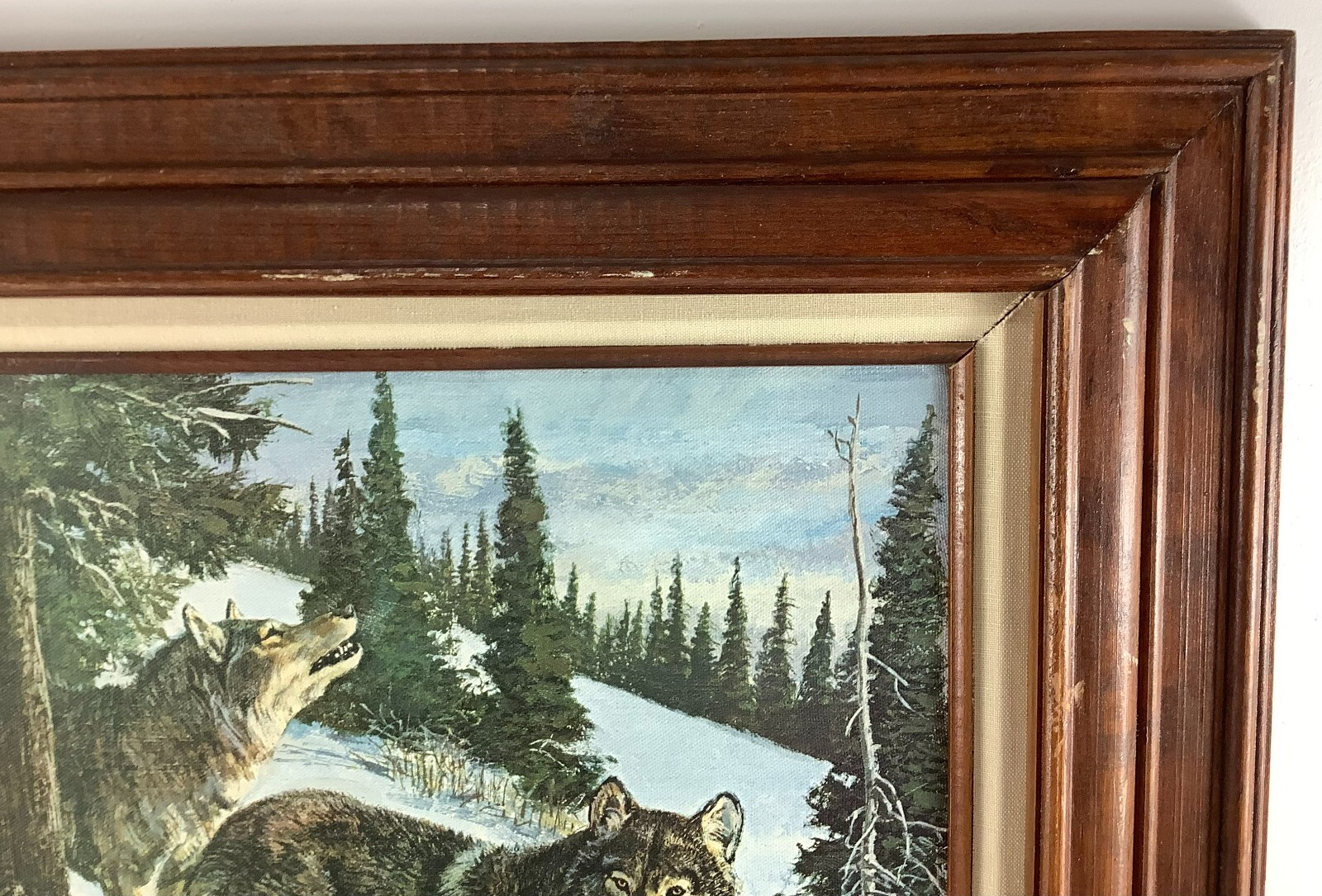 Signed Tom Beecham Framed Canvas Painting Print Wolves in the Snow in Forest 28″