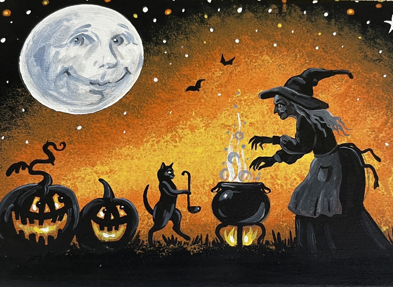 ACEO PRINT OF PAINTING RYTA HALLOWEEN BLACK CAT WITCH AUTUMN FOLK ART Salem 🍁