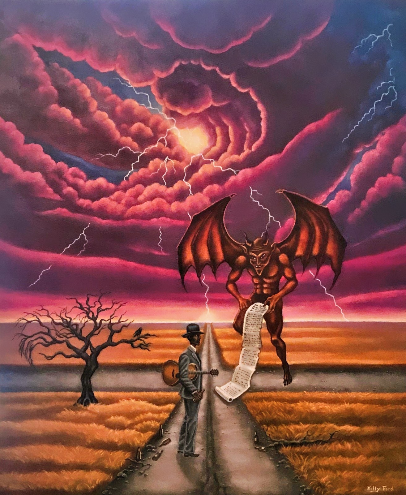 Original Robert Johnson Devil Crossroads Surreal Fantasy Folk Painting 20 x 24