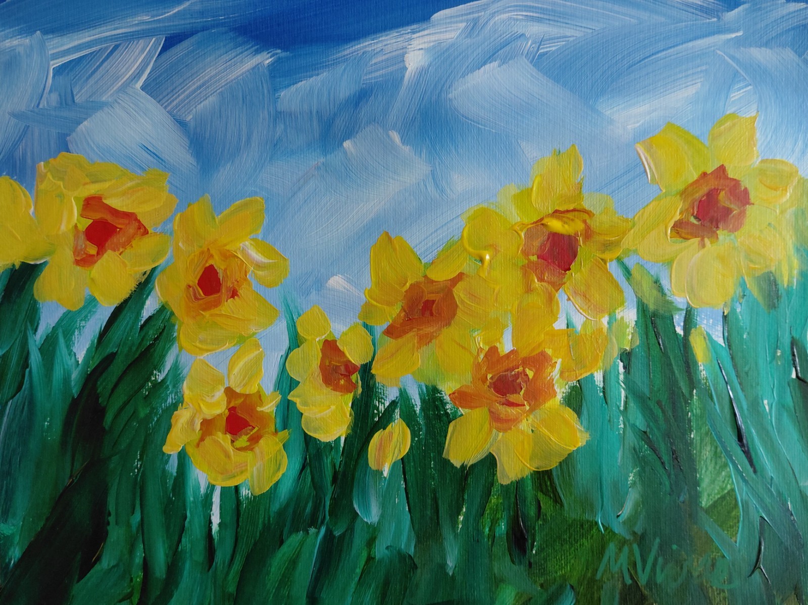 MONA VIVAR Original 11×14 Vibrant Daffodil Abstract Expressionism Art Painting